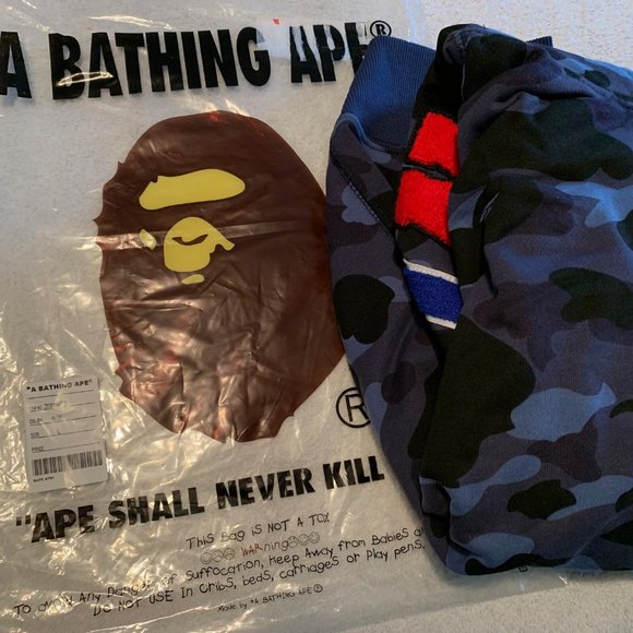 Bape BLUE Camo Tiger Shark Wide Full Zip Double Hood Hoodie LARGE Bathing Ape - Picture 14 of 16